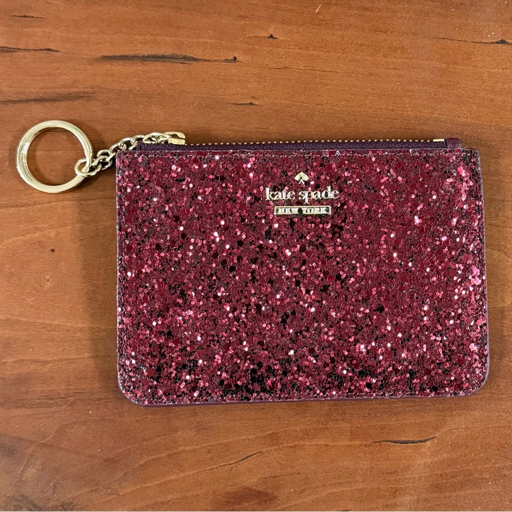 Kate Spade Laurel Way sparkling glitter women's keychain wallet deep plum red